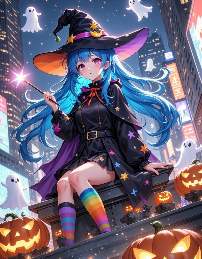 Anime style, Halloween night, a girl wearing a black cloak and a playful witch hat decorated with stars and moons, holding a glowing magic wand, colorful knee-high socks, her blue hair flowing in the wind, sitting atop a building in Times Square, New York. Surrounded by pumpkins and floating ghosts, surreal elements blend seamlessly with the modern cityscape, creating a strong visual impact and captivating attention. Looking up, smooth and detailed, octane render, ultra detailed, 8k, illustration