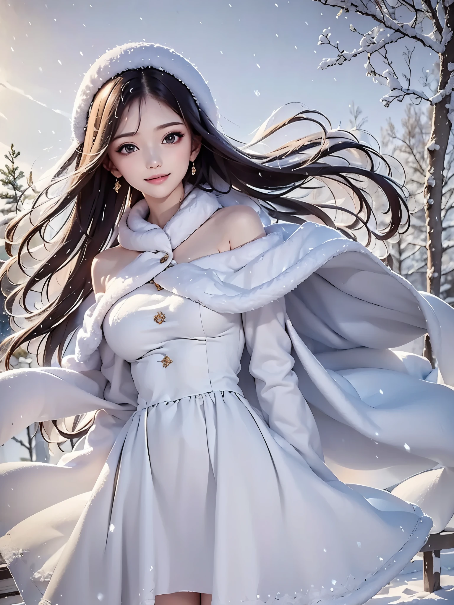 masterpiece, best quality, realistic, 1girl, winter dress and coats, outdoors, snow falling, off shoulder dress, far corts, ruins