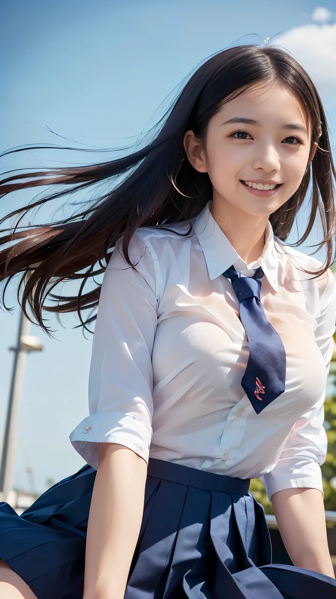 Best Quality,masterpiece, ultra high resolution,high definition raw color photo, professional photography, Natural Skin Textures ,Fine skin,hyperrealism, Japanese Women,((smile,((Schoolgirl uniform,WHITE shirt,windy up skirt,Skirt fluttering in the wind), Navy pleated skirt,Short tie)),spread legs,walking),gigantic breast, shopping mall