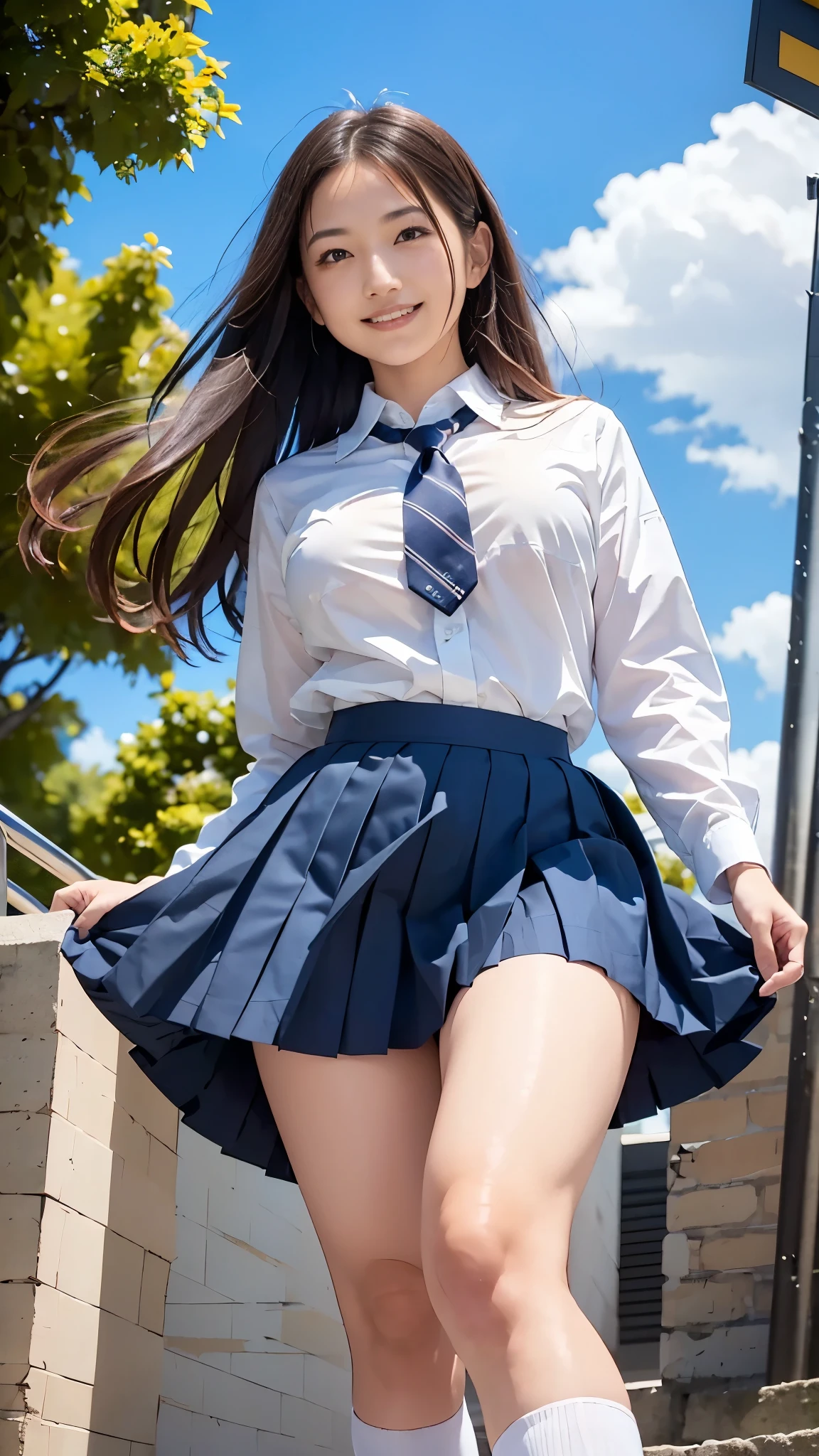 Best Quality,masterpiece, ultra high resolution,high definition raw color photo, professional photography, Natural Skin Textures ,Fine skin,hyperrealism, Japanese Women,((smile,((Schoolgirl uniform,WHITE shirt,windy up skirt,Skirt fluttering in the wind), Navy pleated skirt,Short tie)),spread legs,walking, angle from below diagonally),gigantic breast, shopping mall