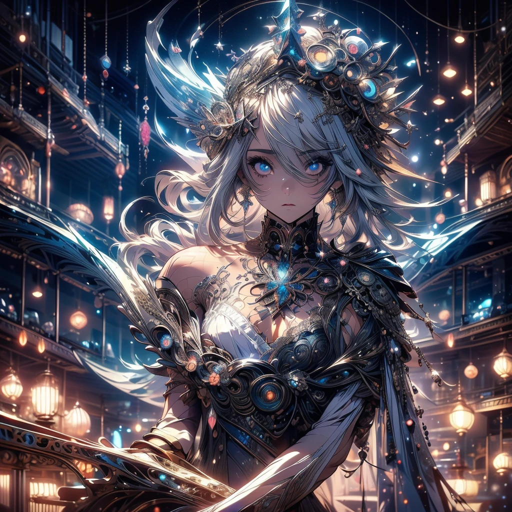 Absurd,anime,Detailed and beautiful eyes,(ArtStyle),(artistic:1.5),sleeveless,Silver　hair,(a girl:1.5),(small breasts:1.2),(small chest:1.2),dark FANTASY,Sexy BODY line,mysterious,(look away:1.5),masterpiece, moe kawaii,64k,Overlooking, whole body,