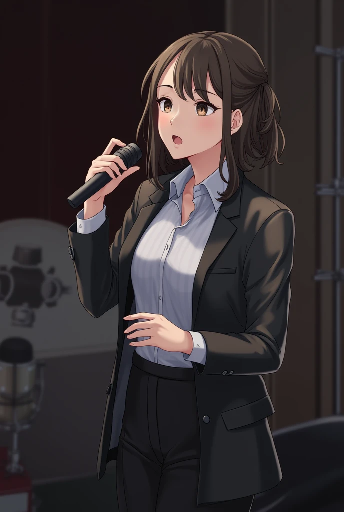 masterpiece,best quality, novel cover,effect light rays,1girl, solo, girls und panzer, chouno ami, (office lady,open black jacket, white shirt, black miniskirt), id card, cleavage, pantyhose, holding microphone, karaoke, indoors, simple background, spotlight, happy <lora:Chouno Ami:0.6>