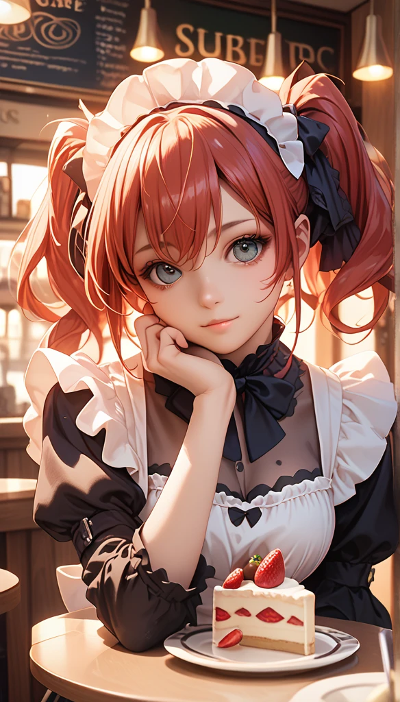 Promotional photos, This place is a coffee shop,  1 girl at home, face, The waitress brought the cake to the table, Red hair double ponytail, Gentle face,  Gothic ****ta half costume and strawberry motif maid costume, White Based Clothes ,