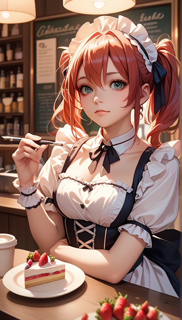 Promotional photos, This place is a coffee shop,  1 girl at home, face, The waitress brought the cake to the table, Red hair double ponytail, Gentle face,  Gothic ****ta half costume and strawberry motif maid costume, White Based Clothes ,