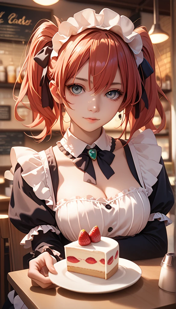 Promotional photos, This place is a coffee shop,  1 girl at home, face, The waitress brought the cake to the table, Red hair double ponytail, Gentle face,  Gothic ****ta half costume and strawberry motif maid costume, White Based Clothes ,