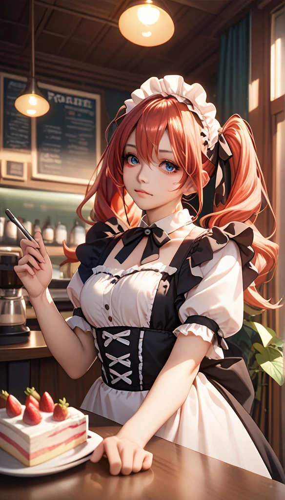 Promotional photos, This place is a coffee shop,  1 girl at home, face, The waitress brought the cake to the table, Red hair double ponytail, Gentle face,  Gothic ****ta half costume and strawberry motif maid costume, White Based Clothes ,