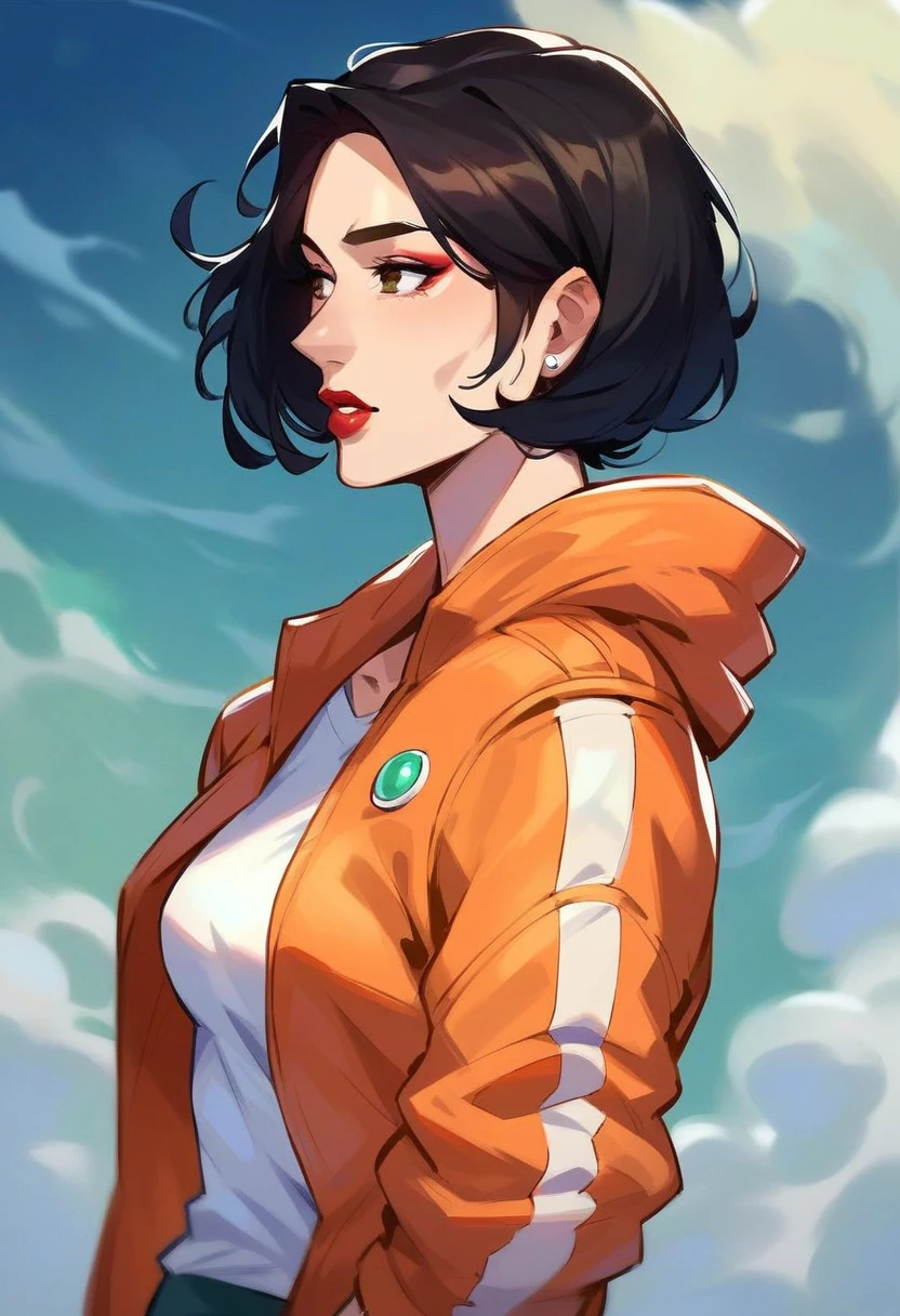 score_9, score_8_up, score_7_up, score_6_up, score_5_up, score_4_up, (source_anime), 1girl, solo, mature female, black hair, short hair, loght brown eyes, lipstick, makeup, upper body, parted lips, small breasts, Orange Jacket, gradient, looking to the side, jade chan, dusk settings