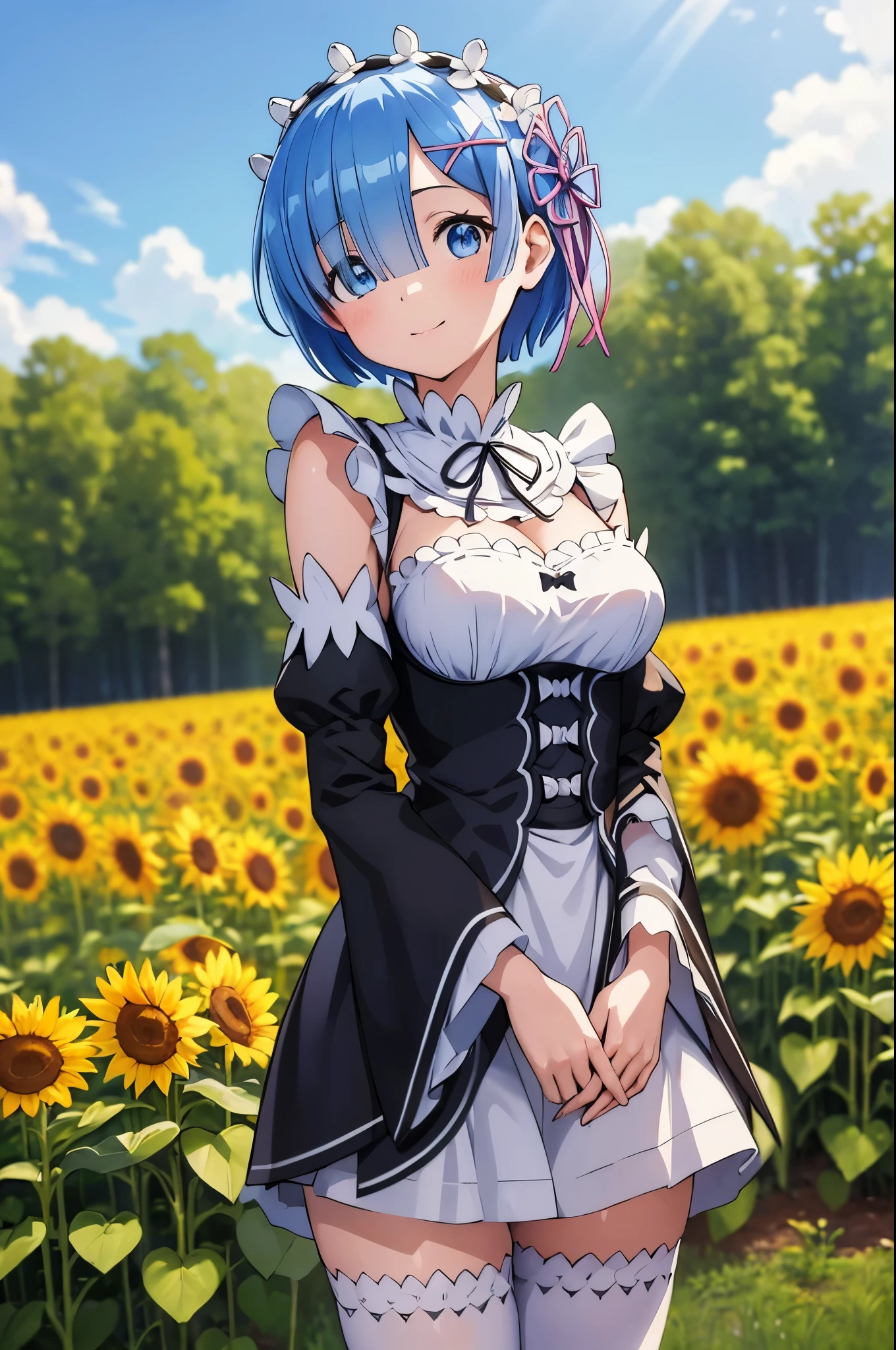 (masterpiece:1.3), (best quality:1.1), (8k, ultra detailed, ultra high res:1.2), ((anime style)), perfect 5 fingers, perfect anatomy, 
1girl, 
Rem \(re:zero\),
short hair, 
blue hair, 
(blue eyes:1.2), (beatiful detailed eyes:1.2), 
maid headdress,  ribbon, x hair ornament, 
large breasts, 
maid uniform, detached black sleeves, white tights, cold Shoulder, 
smile, 
looking at viewer, 
cowboy shot, 
perfect light, outdoor, outside, Sunflower field, sky, 