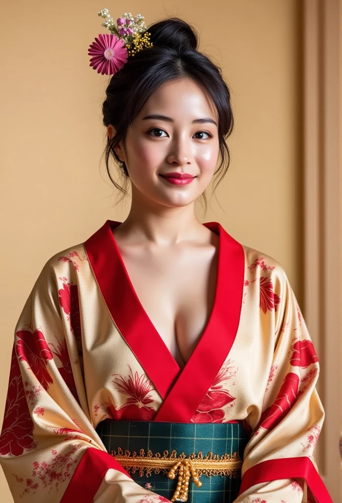 1 beautiful japanese woman in high quality kimono, one shoulder exposed, alluring and charming, cute and friendly expression, sensual and elegant pose, captivating the audience, detailed face, intricate kimono patterns, cinematic lighting, warm color tones, high resolution, photorealistic, masterpiece,Showcasing cleavage,Emphasize the cleavage,Seductive pose