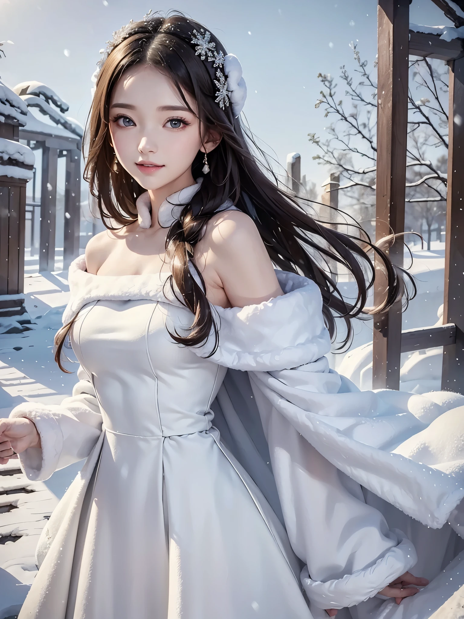 masterpiece:1.5, best quality, realistic:1.3, 1girl, winter dress and coats, outdoors, snow falling, off shoulder dress, far corts, ruins