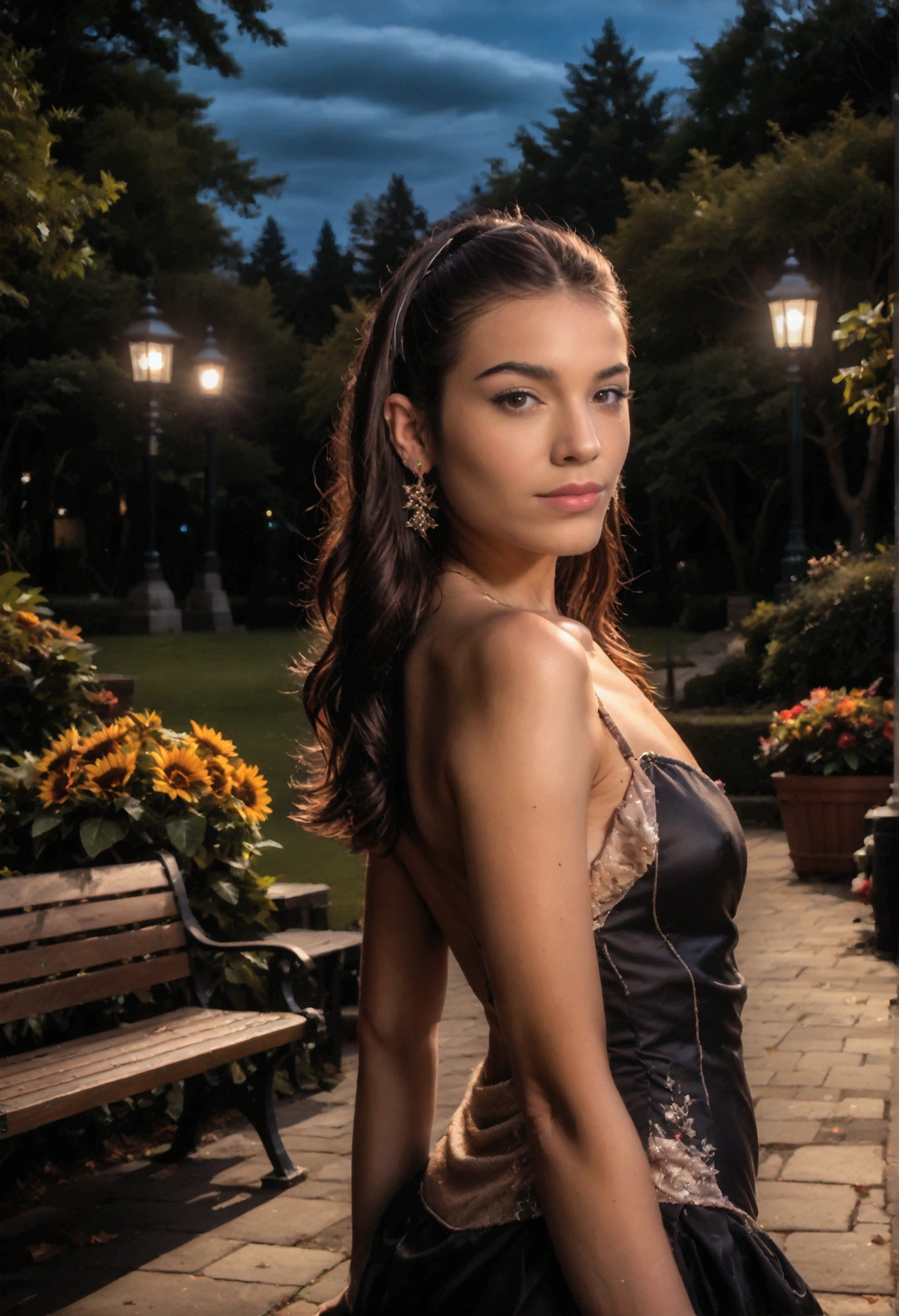 A beautiful Italian girl around 24 years of age with a beautiful jawline and brown hair and absolute stunning gorgeous brown eyes, giving stunning looks, wearing a lingerie at night in the lightly streets, she sits there and posing like a model with swag and grace.