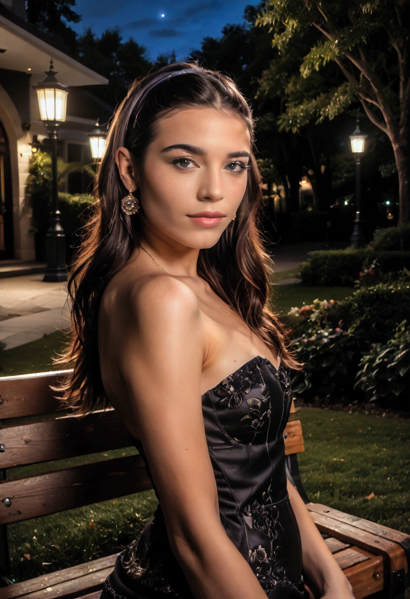  A Hansohee sitting on a bench in the park, Night lights, Luces de la ciudad, moonlight, Noche4k, Fujifilm XT3, 8K,  maximum result ,  photographed with a Kodak ,  photograph galardonada, (ultra realistic:1.5), (la mejor calidad:1.5),  photorealistic ,  detailed skin texture ,  masterpiece , ( photorealistic :1.4), RAW Photo,  perfect shading, realism,  photograph, detailed facial texture , detailed lip texture , Ear detail , Detail of the eye,   depth of field ,