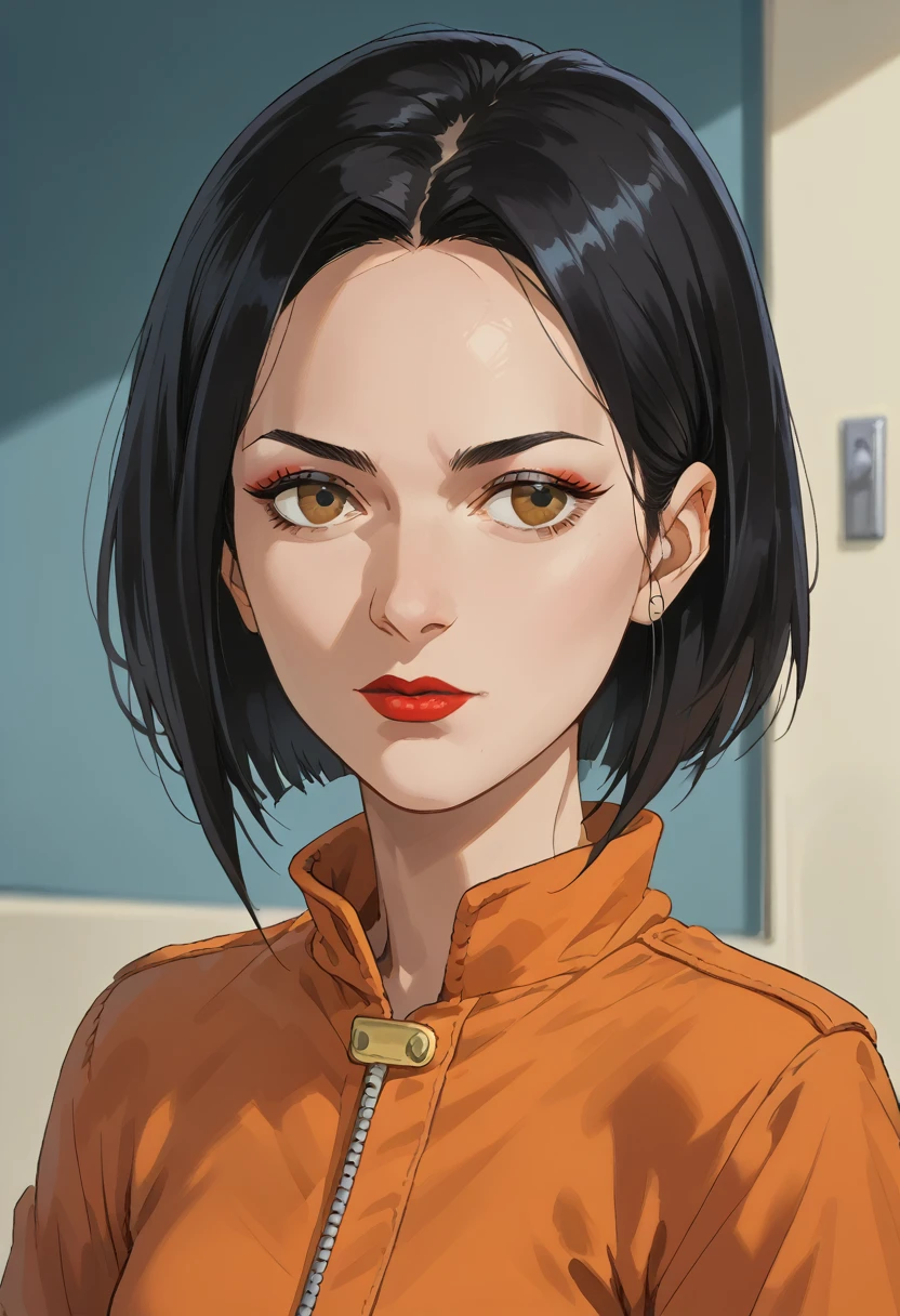 score_9, score_8_up, score_7_up, score_6_up, score_5_up, score_4_up, (source_anime), 1girl, solo, mature female, black hair, short hair, loght brown eyes, lipstick, makeup, upper body, parted lips, small breasts, Orange Jacket, gradient, looking to the side, jade chan, dusk settings