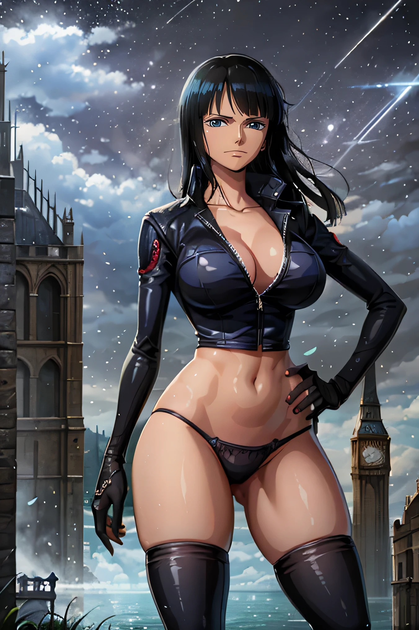 20years old woman, 180 cm tall, ((((( female assassin))))), (((wearing bikini ))), model-like beauty, perfect features, chest area. Large exposed, ((medium 　breasts :1.2)),  England castle in the background, standing on the castle, (((((dynamic pose:1.1))))), (((high quality:1.1))), (((high resolution:1.1))), (((realistic:1.2))), ((((Detailed description:1.1)))), slim waist, plump upper body, plump lower body, perfect arms, perfect collarbone, perfect fingers, perfect five fingers, perfect hands, perfect limbs, perfect hips, Perfect butt, perfect thighs, perfect legs, movie lighting,black skin, black skin 