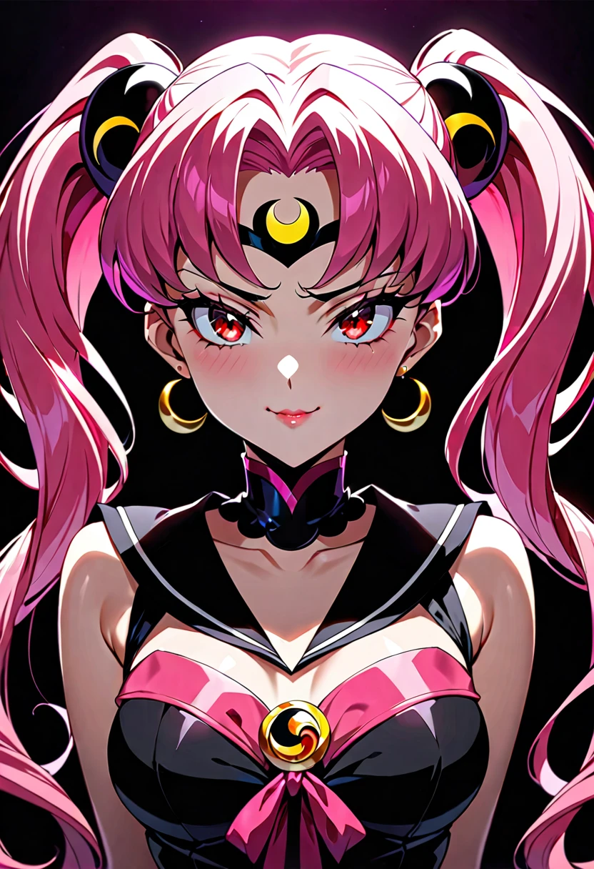  Sailor Moon's Wicked Lady,  Pink Hair, red eyes,  black background , Black crescent moon mark on forehead ,  Evil Smiles ,Beautiful body,Shadowy Face(Eyes in the Shadows),((masterpiece,Best Quality)),  absurd, black dress, upper body, beautiful face,,  looking down at the viewer  , twin tails,black and purple background ,