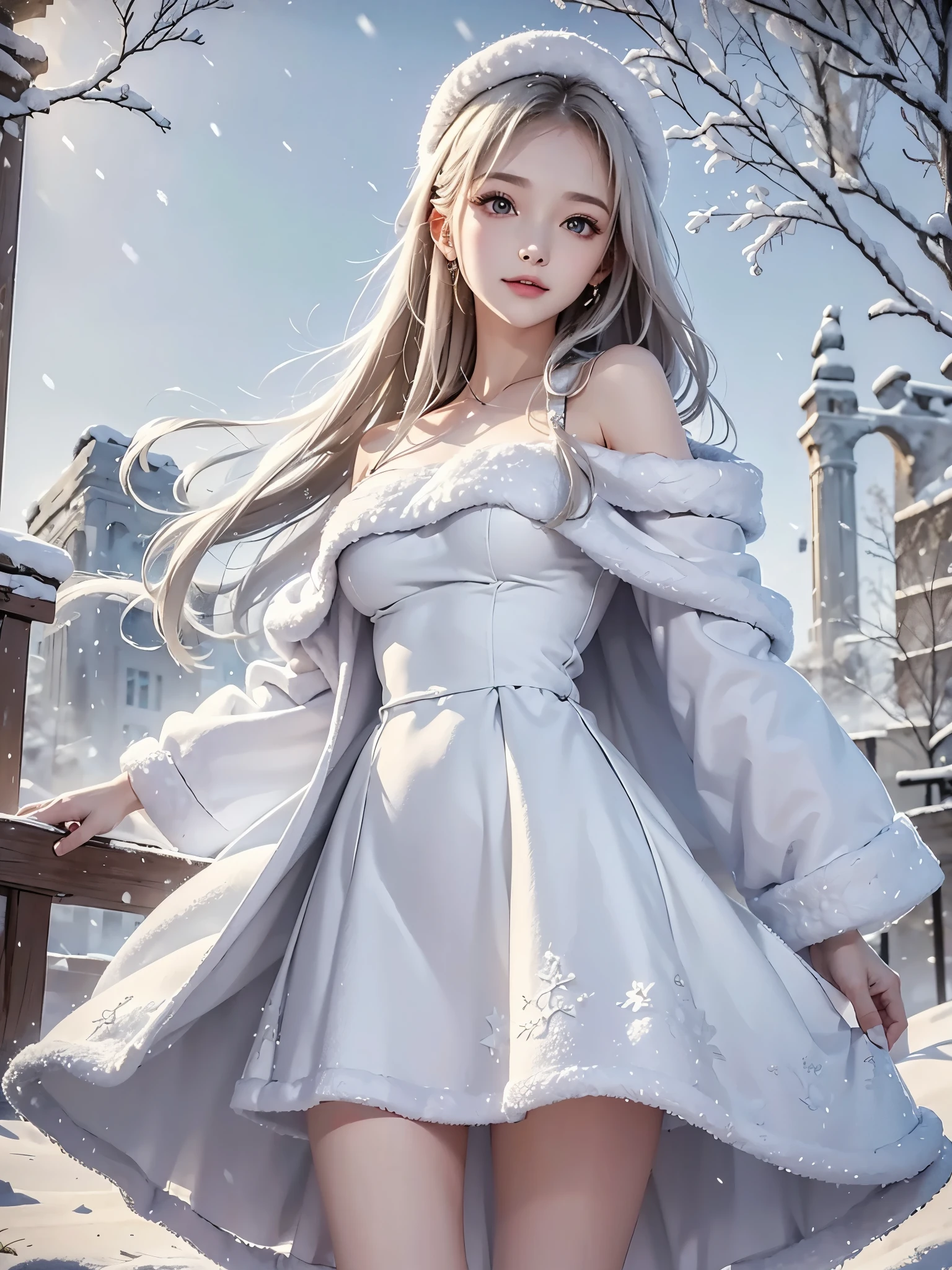 masterpiece:1.5, best quality, realistic:1.3, 1girl, winter dress and coats, outdoors, snow falling, off shoulder dress, far corts, ruins