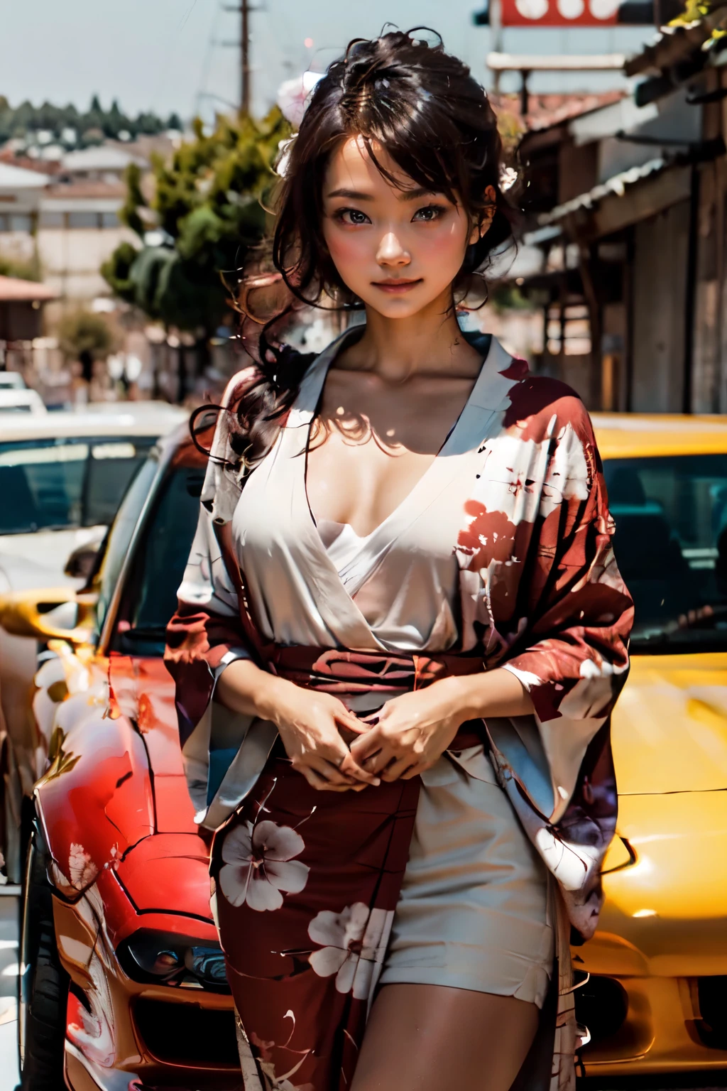  -tuned RX7,A beautiful woman in a kimono is beside the car,  anatomically correct, Best Quality, Ultra Wide Angle, Small breasts, abs,Celebrity sunburn,Brown Skin,深いホイールリム ,BBS  LM,サイバーパンクな街