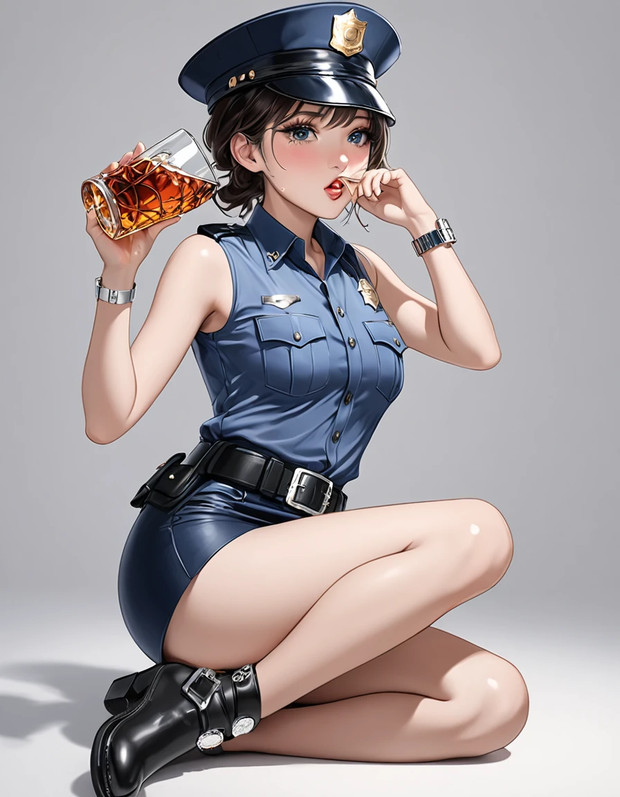 NSFW, high resolution image, best quality, Naked Korean beauty with hand over mouth１people,((Crying face:1.0)), shiny skin, delicate body,Small breasts, shiny dark hair ,Ultra detailed round eyes ,((White background)),((sleeveless police shirt:1.2)),(( Ultra Miniskirt That Highlights Long Legs:1.2)),((Wear a police officer belt with a low waist:1.5)),((square silver buckle:1.5))(silver watch on the wrist:1.5),(police hat :1.2),( standing :1.3),(Depicting the body from the knees up),( cowboy shot:1.3),24K,(Holding whiskey:1.5),(Freckles:0.8),((Drunk:0.9)),(( short boots :0.5))