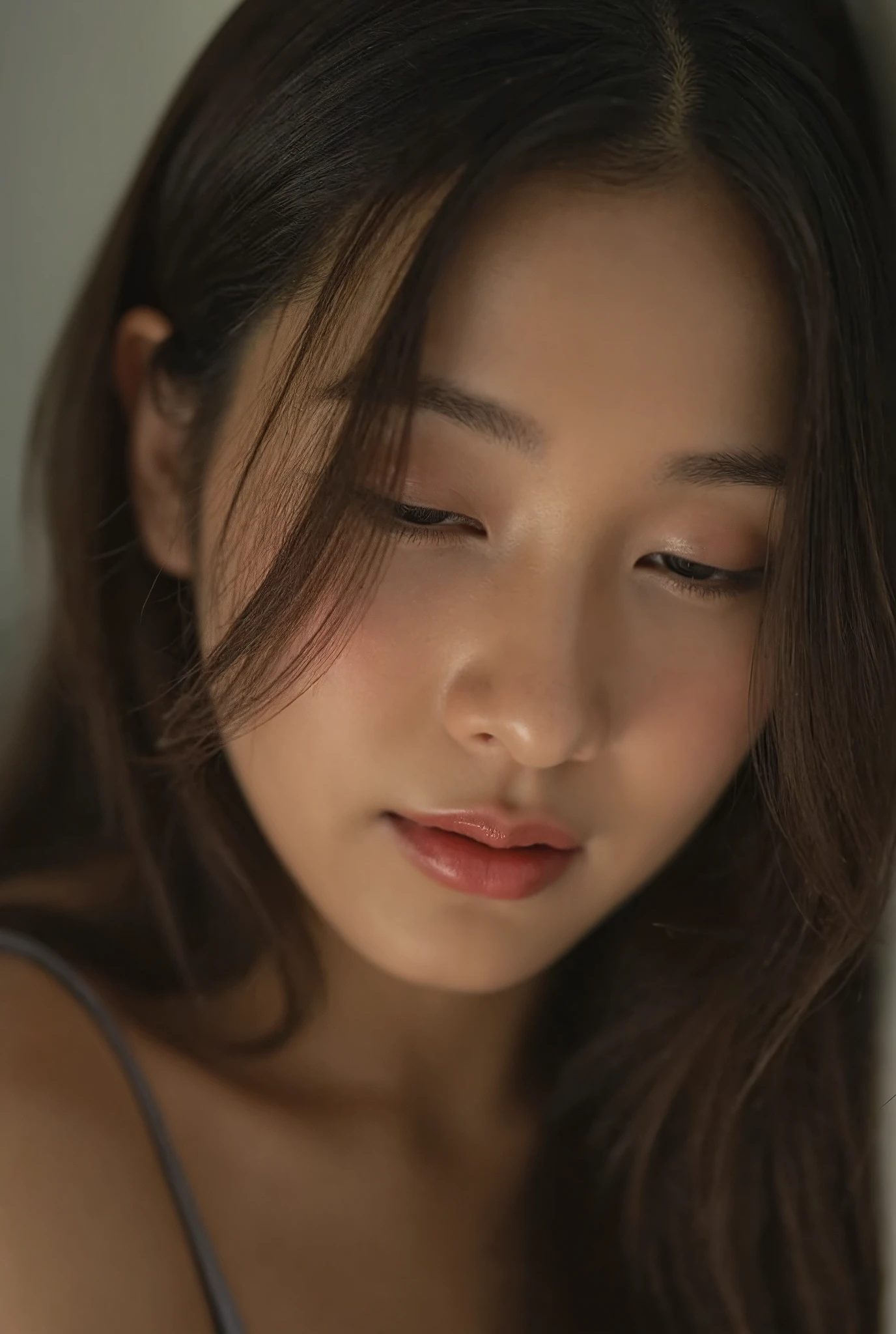 A soft-focus close-up portrait of a young Thai woman with a gentle, introspective expression. She has long, wavy hair framing her face, and her gaze is directed downward, adding a sense of melancholy or deep thought. Her makeup is natural, with a soft shine on her lips, and her skin has a warm glow, enhanced by diffused lighting that creates a dreamy, almost ethereal atmosphere. The overall mood of the image is serene and intimate, capturing a quiet, reflective moment.