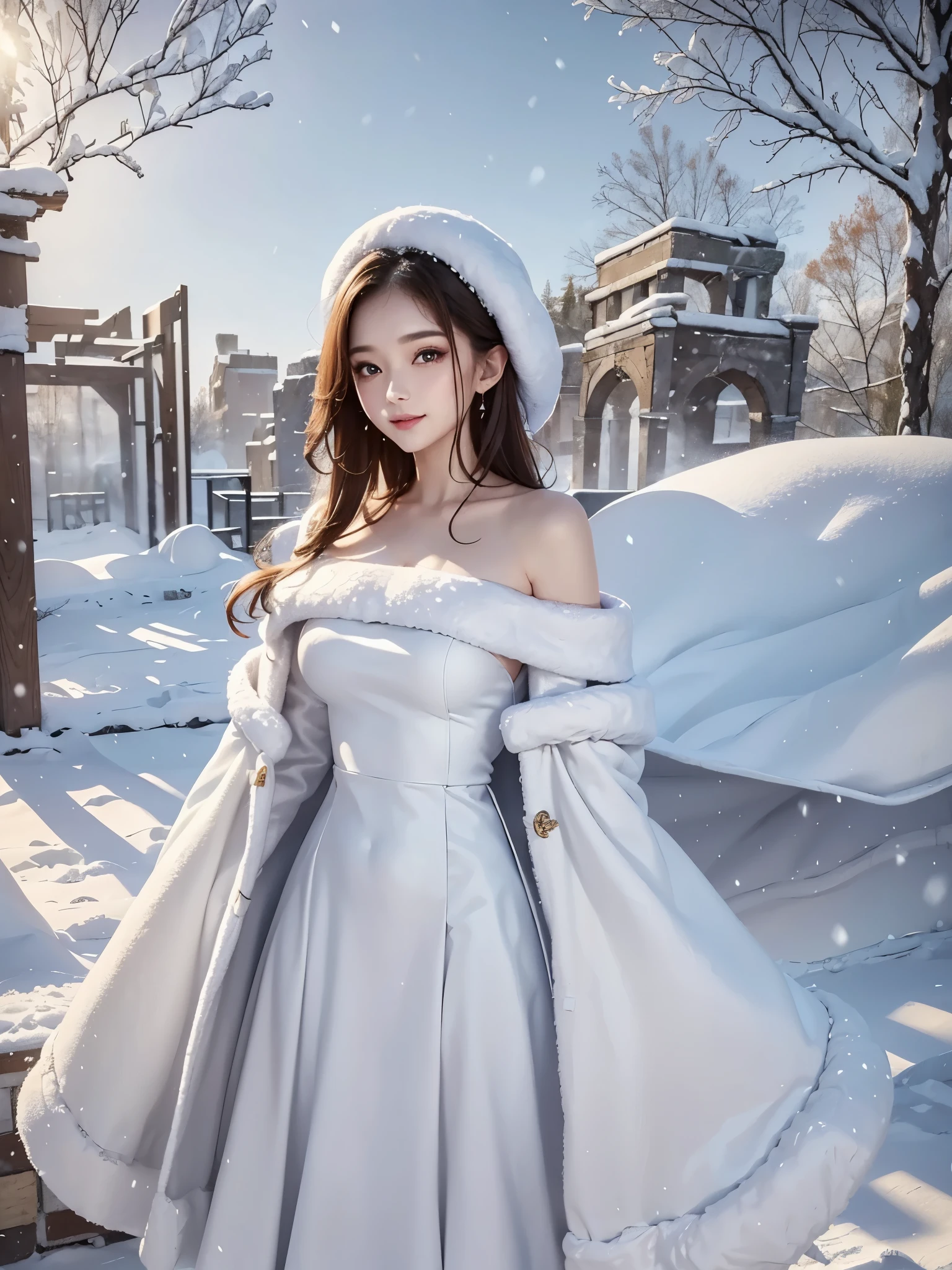 masterpiece:1.5, best quality, realistic:1.3, 1girl, winter dress and coats, outdoors, snow falling, off shoulder dress, far corts, ruins