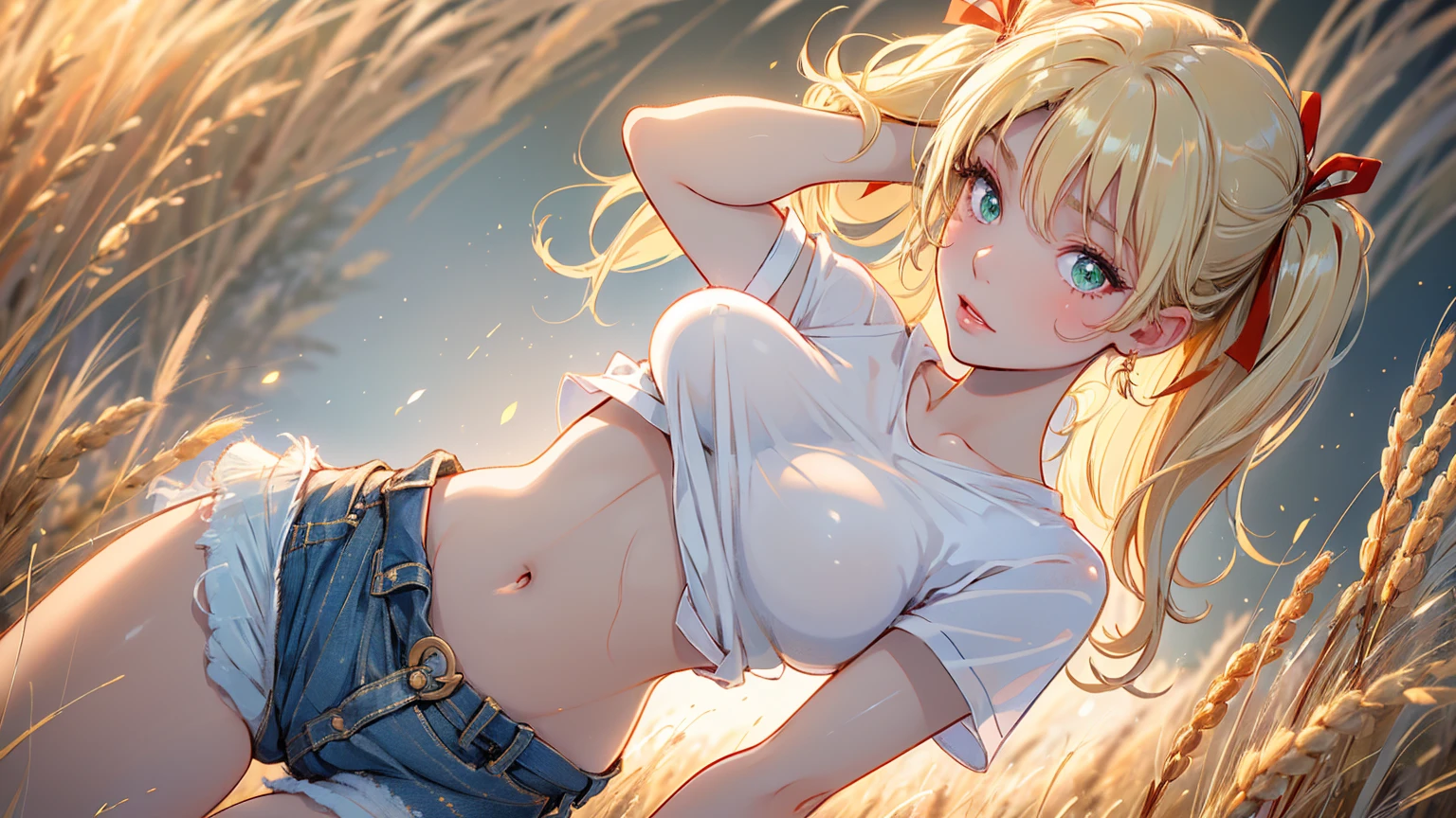 1girl, solo, (masterpiece, best quality, High Detail, 8K), blonde, long wavy hair, twintails with red ribbons in hair, dark tanned skin, extremely sexy, bikini tan, ((large breasts, busty)), cleavage, Head to hips shot, Full body shot, cowboy shot, skinny, large green eyes, ((thin waist, small hips, long torso)), ((Dean Yeagle Style - Mandy)), wearing cutoff bluejean short-shorts and tied off button shirt, shirt busting open, shirt tied just under breasts, country girl, standing in a wheat field, farm background, wheat field,