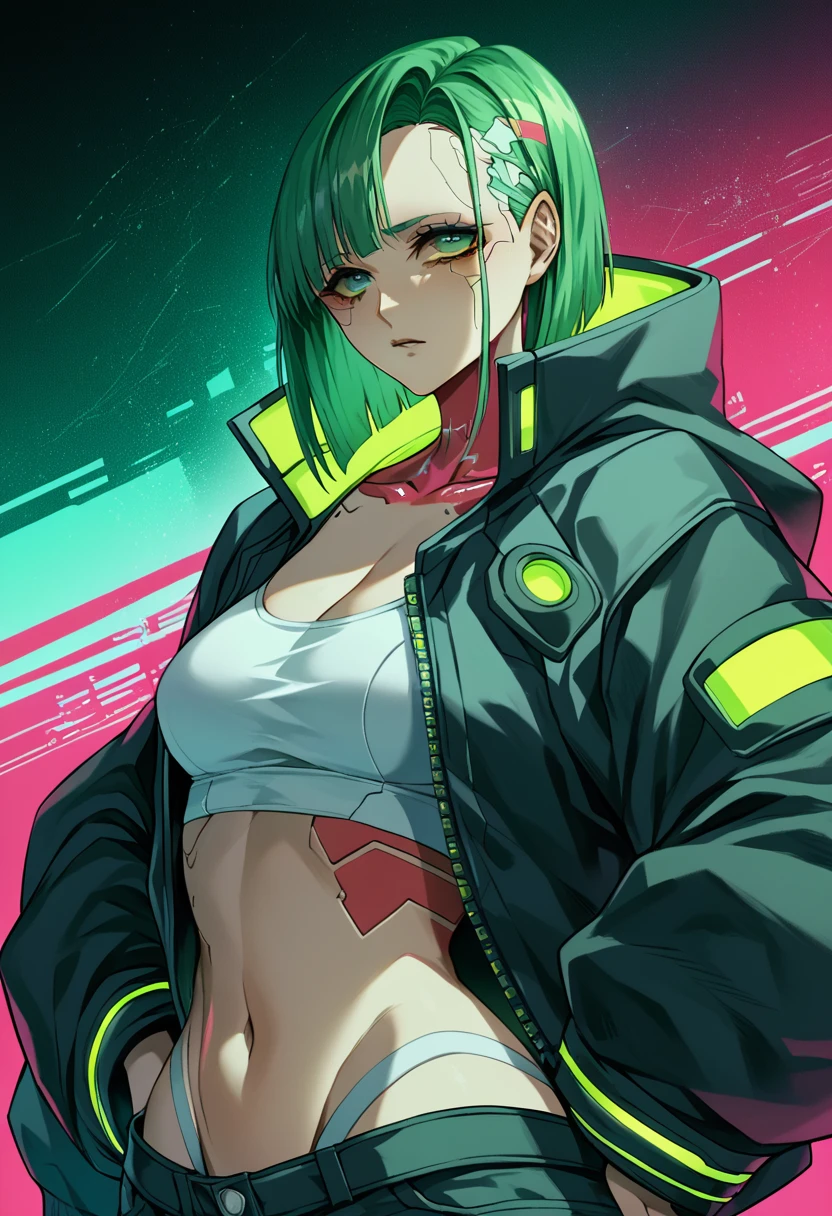 a woman with green eyes and a black jacket holding a gun, anime cyberpunk art, cyberpunk anime girl, best anime 4k konachan wallpaper, cyberpunk anime girl mech, female cyberpunk anime girl, cyberpunk anime art, anime style 4 k, digital cyberpunk anime art, cyberpunk anime girl in hoodie, anime wallpaper 4k, anime wallpaper 4 k, anime cyberpunk