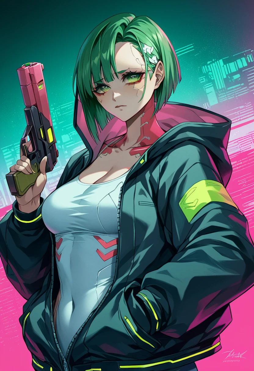 a woman with green eyes and a black jacket holding a gun, anime cyberpunk art, cyberpunk anime girl, best anime 4k konachan wallpaper, cyberpunk anime girl mech, female cyberpunk anime girl, cyberpunk anime art, anime style 4 k, digital cyberpunk anime art, cyberpunk anime girl in hoodie, anime wallpaper 4k, anime wallpaper 4 k, anime cyberpunk