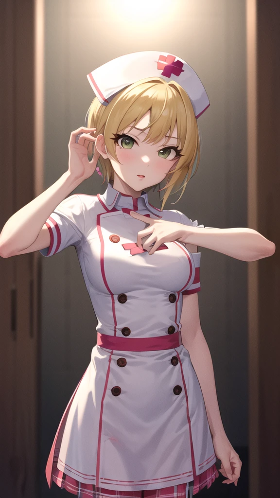 masterpiece, best quality, highres, hmfre, blonde hair, idolmaster cinderella girls, nurse cap, nurse, dress, standing,