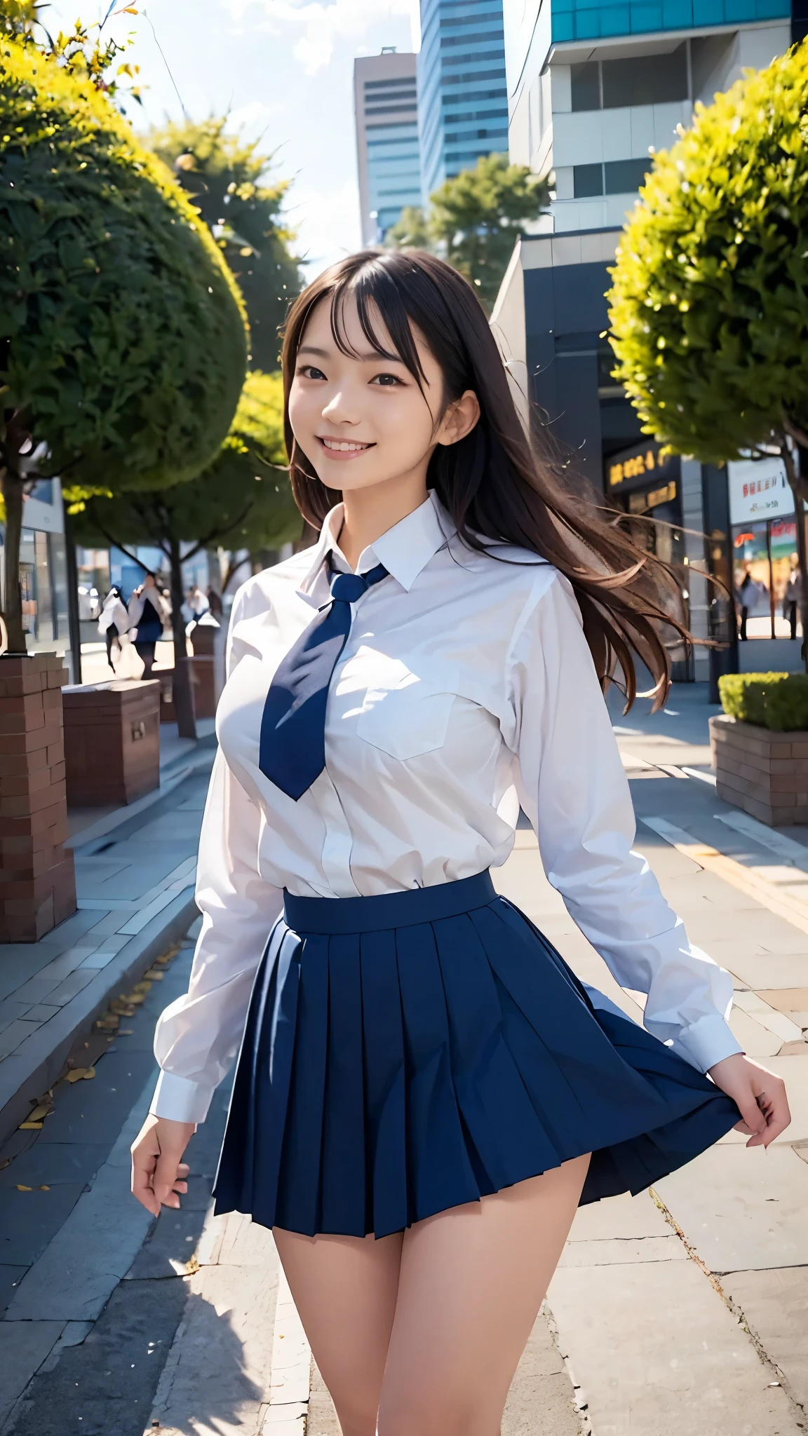 Best Quality,masterpiece, ultra high resolution,high definition raw color photo, professional photography, Natural Skin Textures ,Fine skin,hyperrealism, Japanese Women,((smile,((Schoolgirl uniform,WHITE shirt,windy up skirt,Skirt fluttering in the wind,High leg Panty shot), Navy pleated skirt,Short tie)),spread legs,walking),gigantic breast, shopping mall