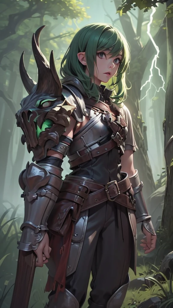 Male, forest gnome, young, short stature, skinny, small, short green hair, leather armor, (dragon skull shoulder armor), black cloak, dark green clothes, sword, fantasy, outdoors, dynamic pose, full body, surounded by magic trails electricity
