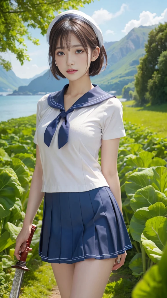 (Realistic:1.3), 8k, Healthy Photos, Realistic skin texture, (masterpiece, Highest quality, High resolution:1.2), (Very detailed, Intricate details, High resolution), Textured skin, Skin pores, Intricate details, One Girl, Straight Short Hair,whole body,Ultra mini skirt,(Sailor suit),Beautiful Skin,Realistic Face,(Has a glass sword)