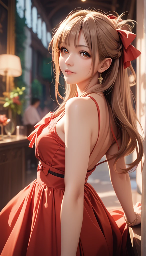  lifespan ,  brown hair ,  Fair Skin ,  actual ,  long hair tied to a red bow,  light brown eyes ,  Red Dress , 8k image,  actual  human skin,  real image ,