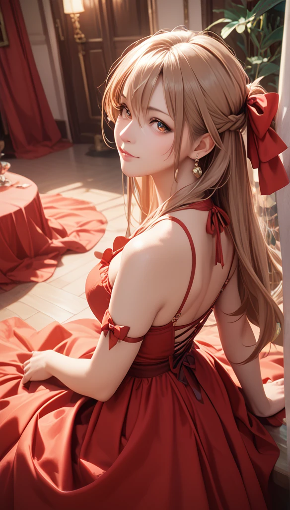  lifespan ,  brown hair ,  Fair Skin ,  actual ,  long hair tied to a red bow,  light brown eyes ,  Red Dress , 8k image,  actual  human skin,  real image ,