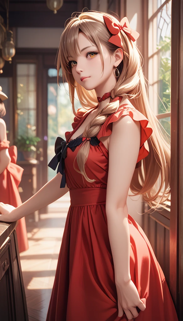  lifespan ,  brown hair ,  Fair Skin ,  actual ,  long hair tied to a red bow,  light brown eyes ,  Red Dress , 8k image,  actual  human skin,  real image ,