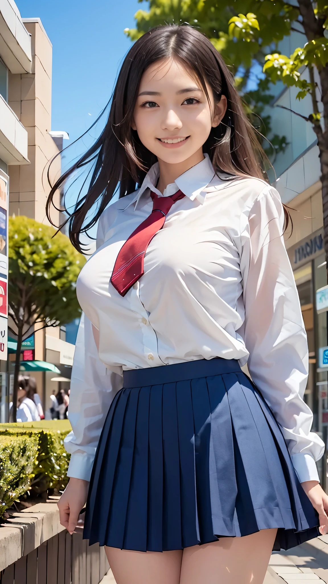 Best Quality,masterpiece, ultra high resolution,high definition raw color photo, professional photography, Natural Skin Textures ,Fine skin,hyperrealism, Japanese Women,((smile,((Schoolgirl uniform,WHITE shirt,windy up skirt,Skirt fluttering in the wind,red panty shot), Navy pleated skirt,Short tie)),spread legs,walking,gigantic breast), shopping mall