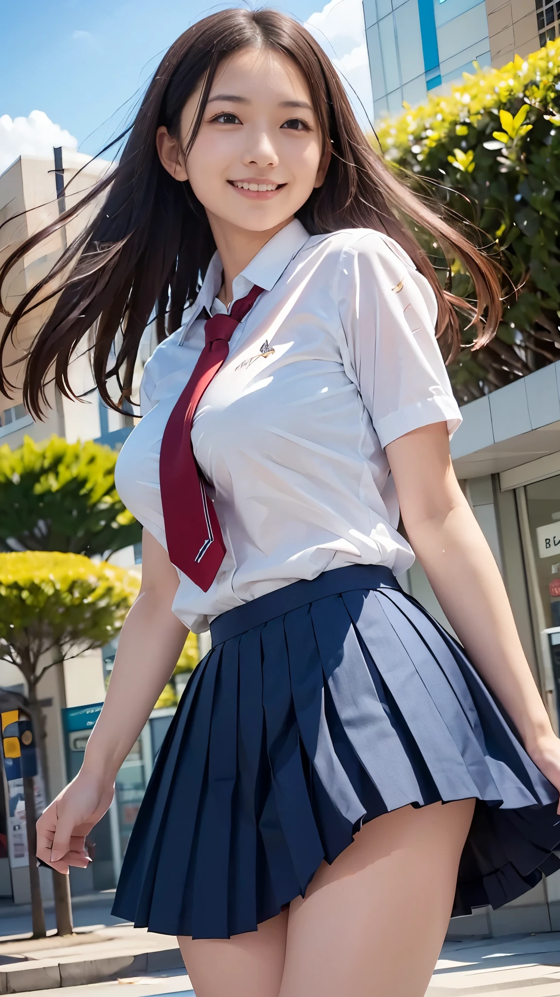 Best Quality,masterpiece, ultra high resolution,high definition raw color photo, professional photography, Natural Skin Textures ,Fine skin,hyperrealism, Japanese Women,((smile,((Schoolgirl uniform,WHITE shirt,windy up skirt,Skirt fluttering in the wind,red panty shot), Navy pleated skirt,Short tie)),spread legs,walking,gigantic breast), shopping mall