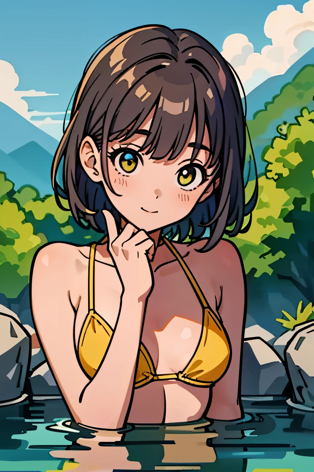 best quality, masterpiece, 1girl, (upper body:1.3), medium hair with bangs, medium breast, yellow bikini, hands down, hot spring, onsen