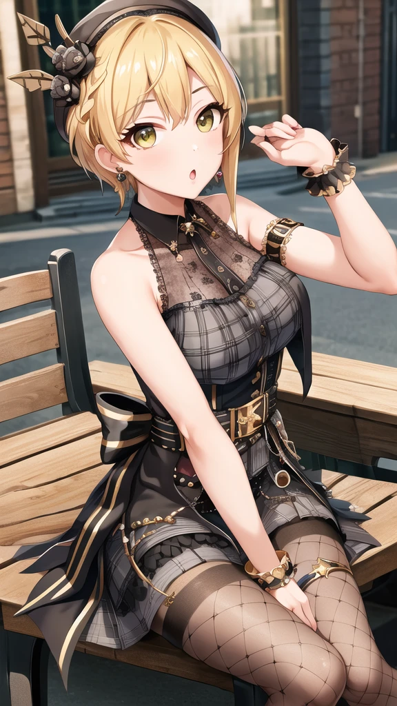 masterpiece, best quality, highres, hmfre, blonde hair, braid, beret, black headwear, earrings, armlet, plaid, bare shoulders, black bow, black dress, wrist cuffs, bracelet, belt, fishnet pantyhose, idolmaster cinderella girls, sitting, book, bench, :o