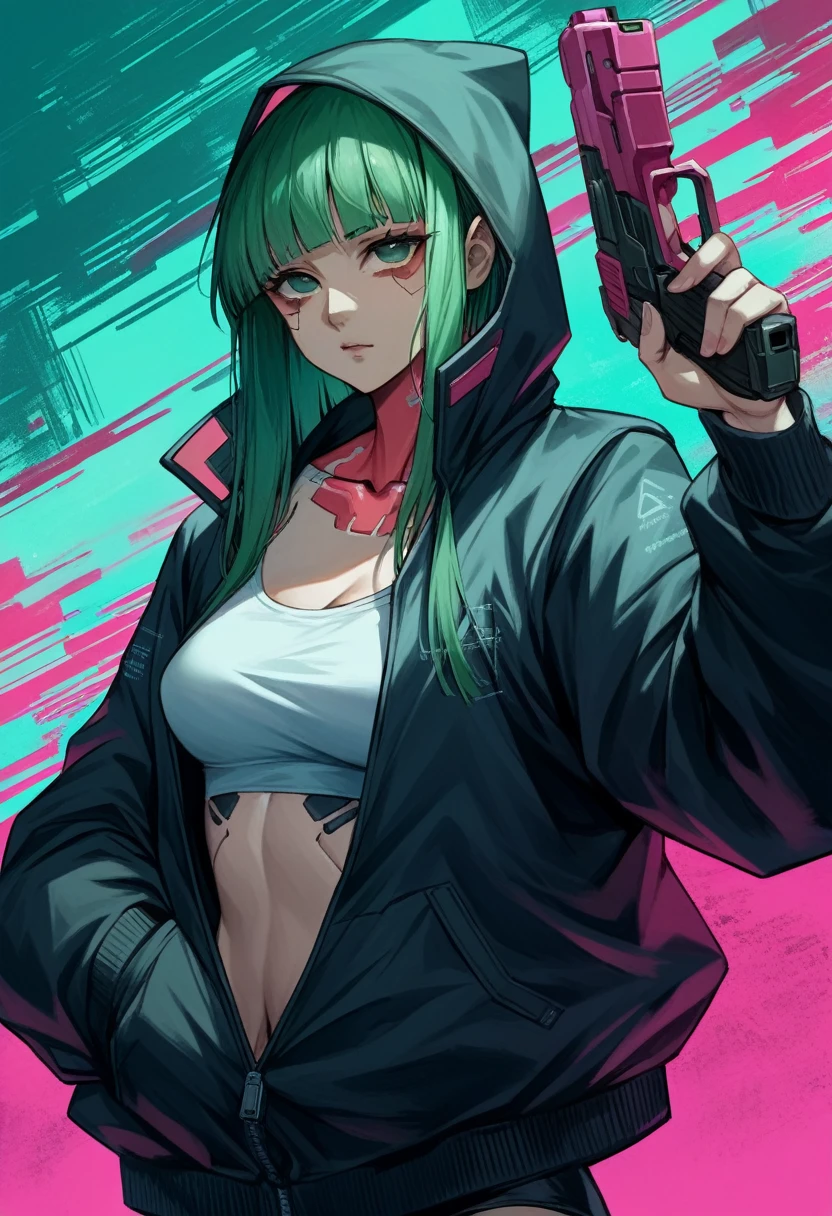 a woman with green eyes and a black jacket holding a gun, anime cyberpunk art, cyberpunk anime girl, best anime 4k konachan wallpaper, cyberpunk anime girl mech, female cyberpunk anime girl, cyberpunk anime art, anime style 4 k, digital cyberpunk anime art, cyberpunk anime girl in hoodie, anime wallpaper 4k, anime wallpaper 4 k, anime cyberpunk