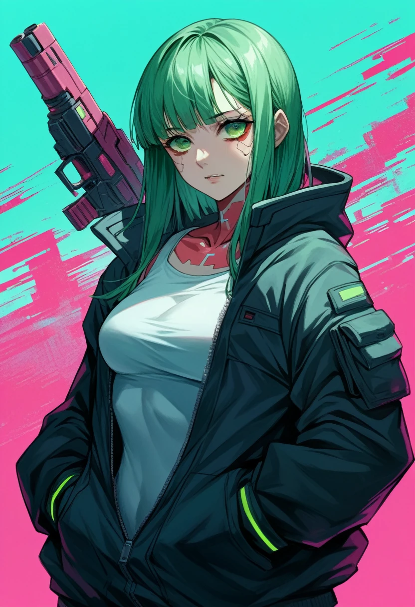 a woman with green eyes and a black jacket holding a gun, anime cyberpunk art, cyberpunk anime girl, best anime 4k konachan wallpaper, cyberpunk anime girl mech, female cyberpunk anime girl, cyberpunk anime art, anime style 4 k, digital cyberpunk anime art, cyberpunk anime girl in hoodie, anime wallpaper 4k, anime wallpaper 4 k, anime cyberpunk