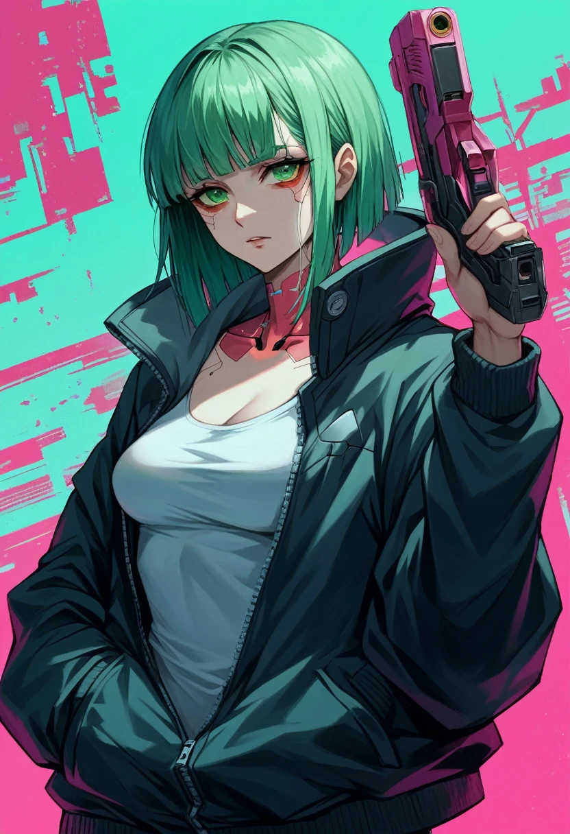 a woman with green eyes and a black jacket holding a gun, anime cyberpunk art, cyberpunk anime girl, best anime 4k konachan wallpaper, cyberpunk anime girl mech, female cyberpunk anime girl, cyberpunk anime art, anime style 4 k, digital cyberpunk anime art, cyberpunk anime girl in hoodie, anime wallpaper 4k, anime wallpaper 4 k, anime cyberpunk