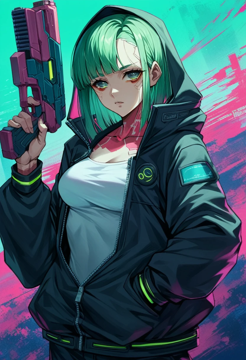 a woman with green eyes and a black jacket holding a gun, anime cyberpunk art, cyberpunk anime girl, best anime 4k konachan wallpaper, cyberpunk anime girl mech, female cyberpunk anime girl, cyberpunk anime art, anime style 4 k, digital cyberpunk anime art, cyberpunk anime girl in hoodie, anime wallpaper 4k, anime wallpaper 4 k, anime cyberpunk