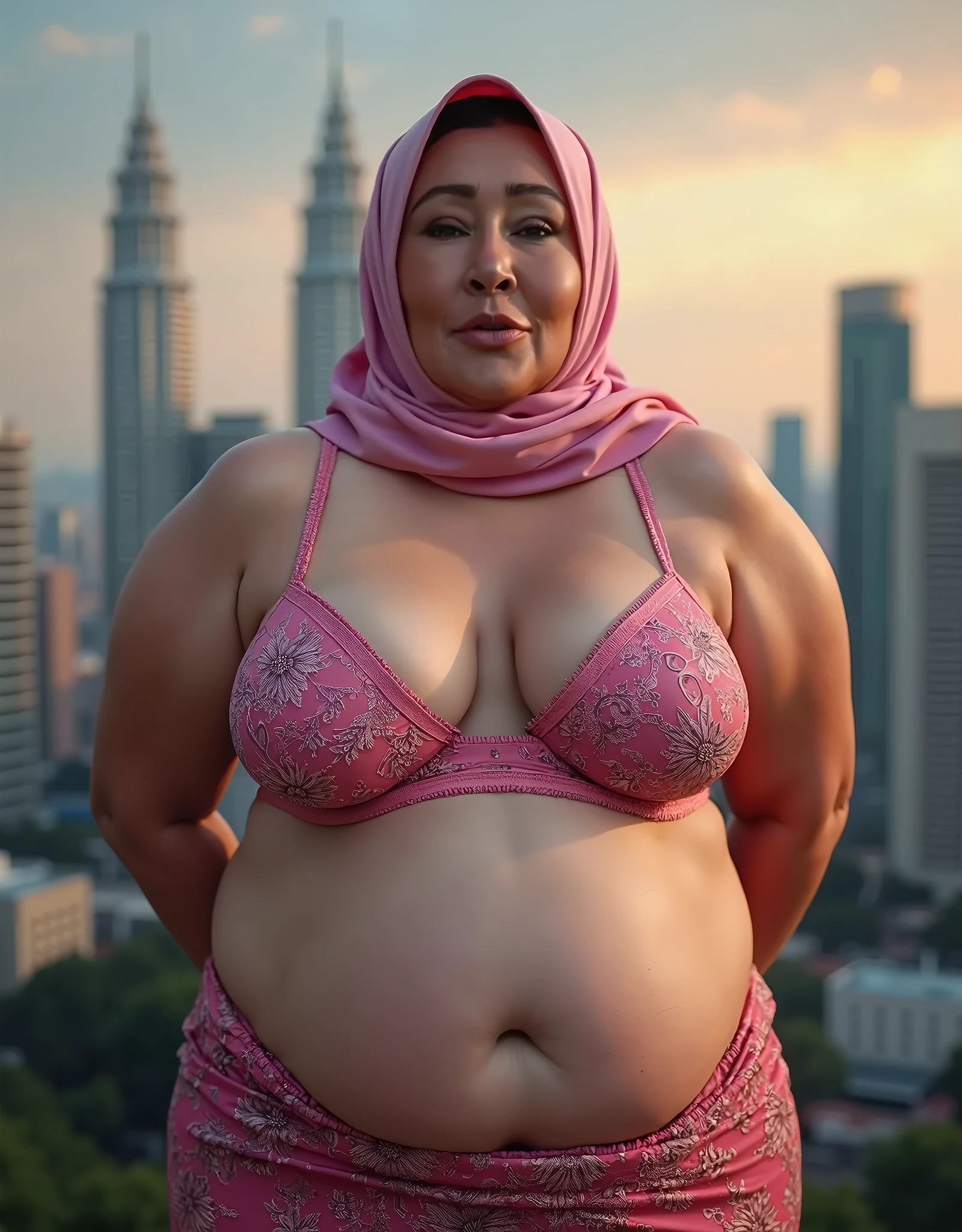 close-up portrait of a beautiful chubby curve body woman in hijab walking at busy street in the morning, wearing red bikini top and bikini bottom, ((heavy big breast)), showing large cleavage, reeds, (backlight), realistic, masterpiece, soft smile, high quality, lens reflection, shadow, flower, [[chromatic aberration]], by Jeremy Lipking, by Antonio J. Manzanedo, digital painting,