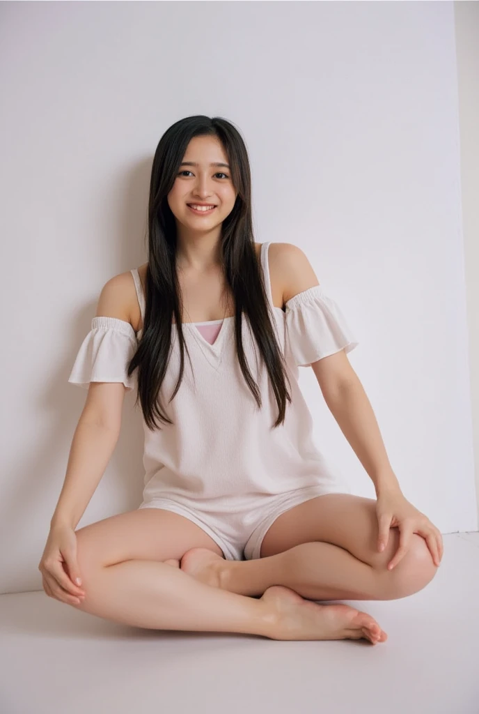  is sitting while looking at me while wearing off-the-shoulder mini one-piece pajamas, bending the knee and spreading the knee in a pose, Slender bare legs 、smile、The background is a monotone 

