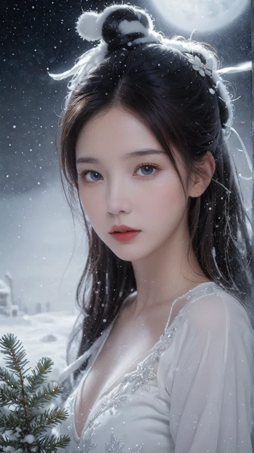 Floating in the snow at midnight、 Please draw a ghostly Snow Girl .。 to highlight her fair, clear skin and cold gaze、 Add some fog around the area .。