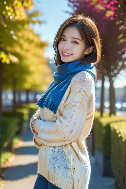 12Ｋ、ＨＤＲ,(((The background is a beautiful row of ginkgo trees)))、(( ginkgo trees turning yellow ))、、 Japanese、Age 30、(((Full body portrait style))、(sweater),((knitted scarf )),  (Realistic,  photorealistic:1.4),   very delicate and beautiful,  extremely detailed,   extremely detailed目と顔,   beautiful detailed nose ,  beautiful detailed eyes, ,anatomy,smile、 ( with hair swaying a lot in the wind、Light light brown hair,)、 A woman who feels the sex appeal of an adult、 clear white skin 、 happy face、Blue Eyes、There are a lot of people far away