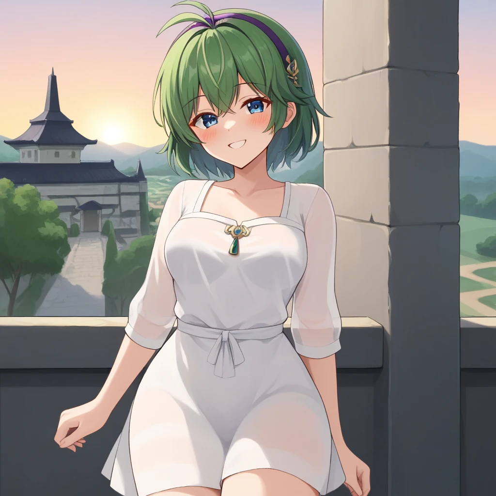 score_9, score_8_up

(masterpiece), best quality, expressive eyes, perfect face, perfect thighs, perfect anatomy, perfect breasts, perfect eyes, medium breasts, perfect hips, pov, wide hips, temple background, temple, sunset


ninoss, blue eyes, green hair, short hair, antenna hair, purple hairband, hair ornament, white tunic see-through tunic, blush, smile