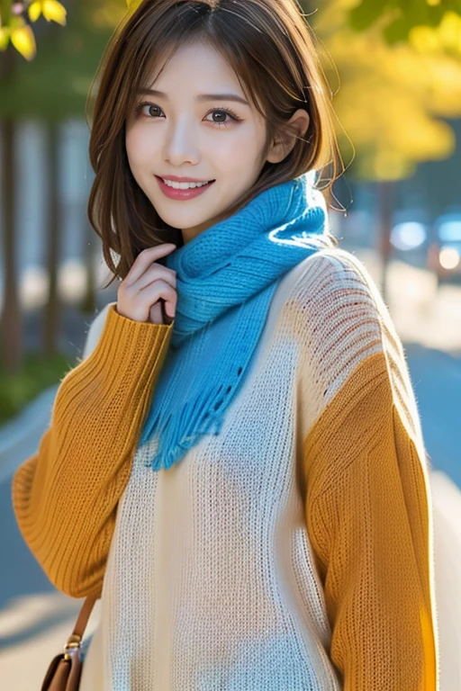 12Ｋ、ＨＤＲ,(((The background is a beautiful row of ginkgo trees)))、(( ginkgo trees turning yellow ))、、 Japanese、Age 30、(((Full body portrait style))、(sweater),((knitted scarf )),  (Realistic,  photorealistic:1.4),   very delicate and beautiful,  extremely detailed,   extremely detailed目と顔,   beautiful detailed nose ,  beautiful detailed eyes, ,anatomy,smile、 ( hair is shaking a lot in the wind、Light light brown hair,)、 A woman who feels the sex appeal of an adult、 clear white skin 、 happy face、Blue Eyes、There are a lot of people far away