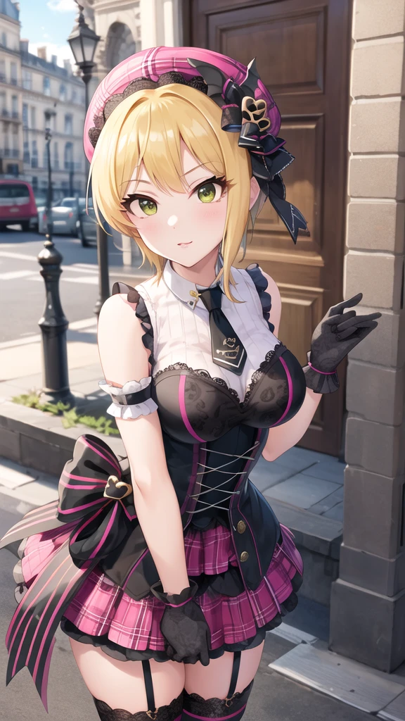 masterpiece, best quality, highres, hmfre, blonde hair, beret, purple headwear, plaid, black necktie, sleeveless dress, corset, arm strap, black gloves, black thighhighs, striped thighhighs, garter straps, idolmaster cinderella girls, outdoors, standing, cowboy shot, arms at sides, straight-on, paris,