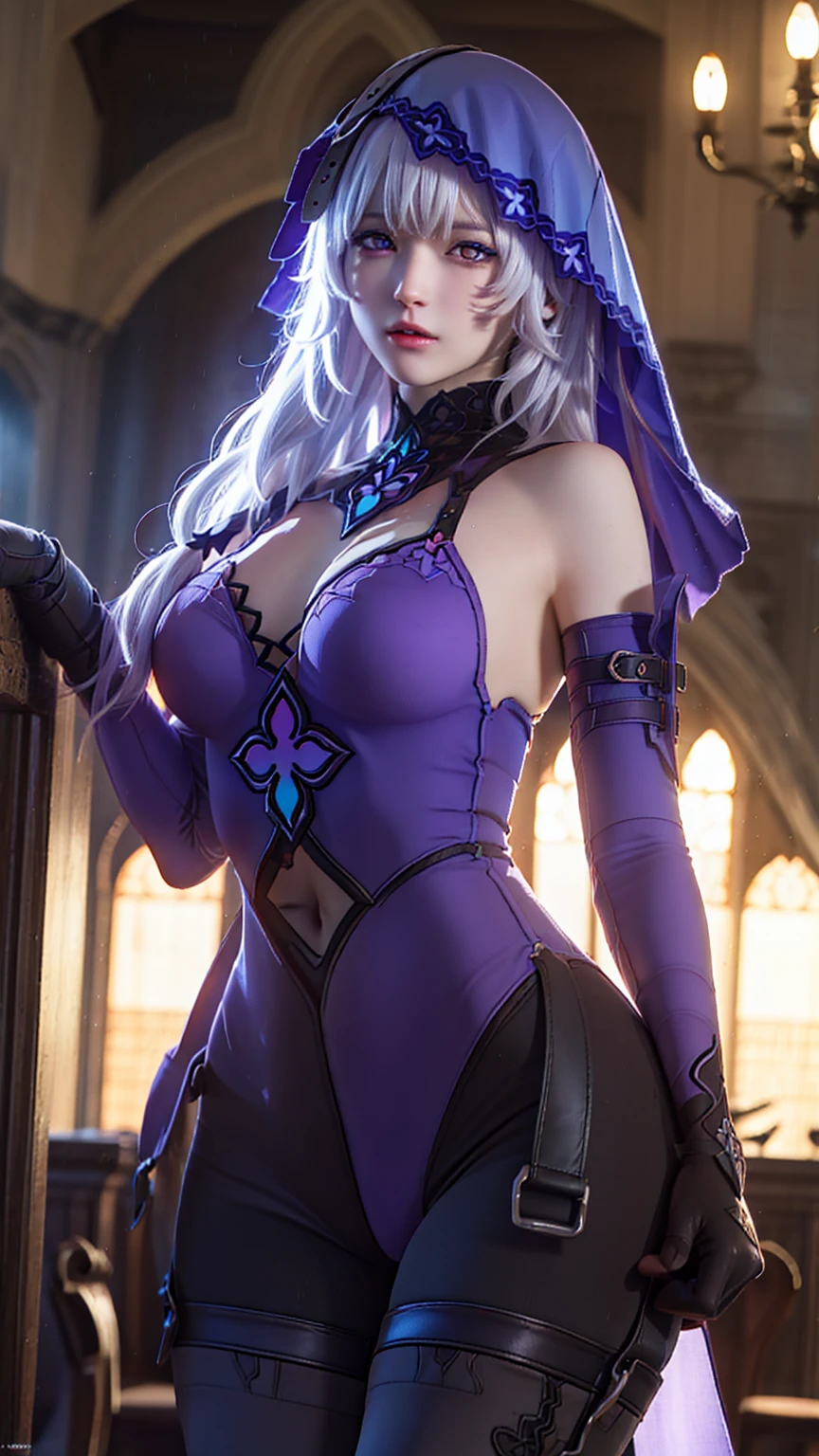 blackswan, black swan, hair between eyes, long hair, (purple eyes:1.1), very long hair, white hair, BREAK arm belt, bare shoulders, cleavage, covered navel, dress, elbow gloves, gloves, purple dress, sleeveless, sleeveless dress, veil, BREAK indoors, church, BREAK looking at viewer, (cowboy shot:1.5), BREAK (masterpiece:1.2), best quality, high resolution, unity 8k wallpaper, (illustration:0.8), (beautiful detailed eyes:1.6), extremely detailed face, perfect lighting, extremely detailed CG, (perfect hands, perfect anatomy),hand up,armpit, sweating,